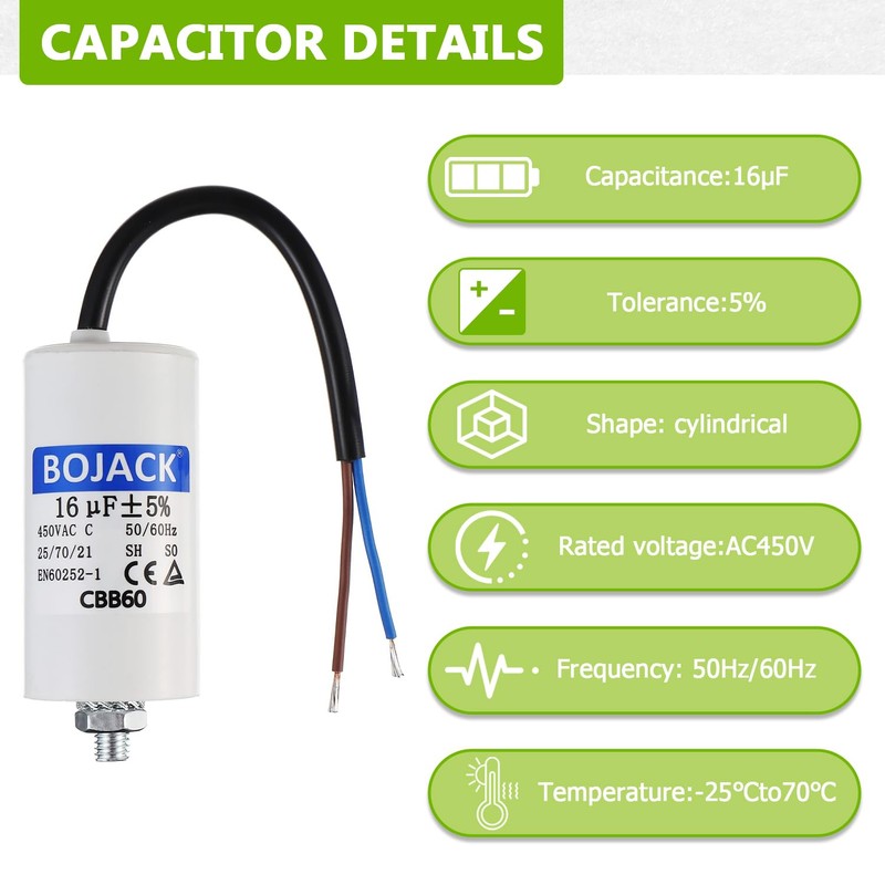BOJACK 16uF 450V Motor Running Capacitor 38 x 75 mm