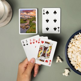 Sandpoint, Idaho, Painterly, Moose and Mountain at Sunset (52 Playing Cards, Poker Size Card Deck with Jokers)