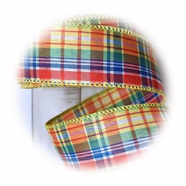 The New 5 Yards Yellow Orange Red Green Blue White Plaid Wired Ribbon - 1.5" Wide Perfect for Crafting, Gift Wrapping, and Decorating Ribb1w00749