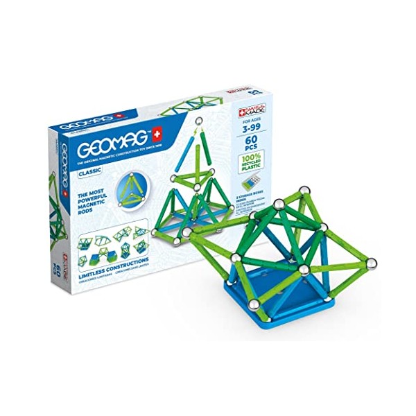 Geomag Classic - 60 Pieces- Magnetic Construction for Children - Green Collection - 100 Percent Recycled Plastic Educational Toys