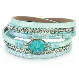 FANCY SHINY Double Wrap Leather Bracelets Boho Cuff Bracelets Crystal Bead Stackable Bracelet with Magnetic Clasp Jewelry Gifts for Women(Teal)