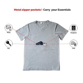 Clever Travel Companion Men's V Neck T Shirt with 2 Secret Hidden Pockets for Traveling | Pickpocket Proof Clothing for Men | International Travel (Grey, X-Large)