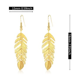 NUNAGIN Bohemian Floating Feathers Dangle Earrings - Long Hanging Metal Link Leaf Drops for Women -Lightweight Layered Dangling Leaves Hook Earrings (Gold)