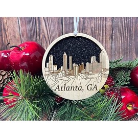 City Skyline Ornament – Laser Engraved Wooden Holiday Decorations – Handcrafted Urban Landmark Souvenirs for Travel Enthusiasts & City Lovers (Atlanta)