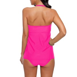 LookbookStore Conjunto de tankini de dos piezas para mujer, estilo halter bandeau, Rosa encendido, M