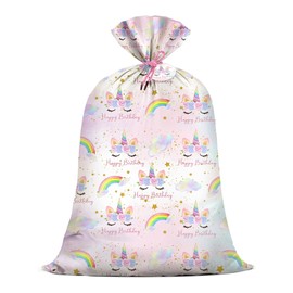 KIDAJOY Extra Large Unicorn Birthday Gift Bags Plastic 36x56 Inch Jumbo Pink Unicorn Gift Wrap Bag for Girls Rainbow Design Happy Birthday Party Favors Supplies