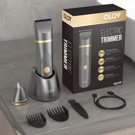 OLOV Electric Body Hair Trimmer-Groin Hair Trimmer, Ball Trimmer for Men - Replaceable Ceramic Blade Heads,USB Recharge,Waterproof Male Hygiene Razor Safe Quick Gifts Cordless Gentle Trimming Fast Trimming:_Elite Gray¬†(With dock and nose hair trimmer)