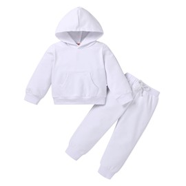 Happy Town Baby Fall Outfits for Girl Boy Long Sleeve Hoodie Top and Long Sweatpants Set Toddler Sweatsuit (Solid Color-White, 6-7 T)