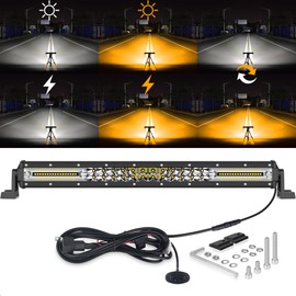20 Inch Led Light Bar Single Row White Amber Strobe Lights Warning Led Work Light for Off Road 4x4 Boat SUV ATV 4WD Car Truck 12V 24V Driving Fog Lights with Dual Switch 10FT Wiring Harness Kit