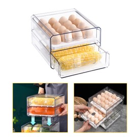 XBY-US 32 Grid Large Capacity Egg Holder for Refrigerator, Double Layer Drawer Type, Multi-Function Storage Drawer Container Organizer with Removable 2pcs Egg Tray+2pcs Drain Tray