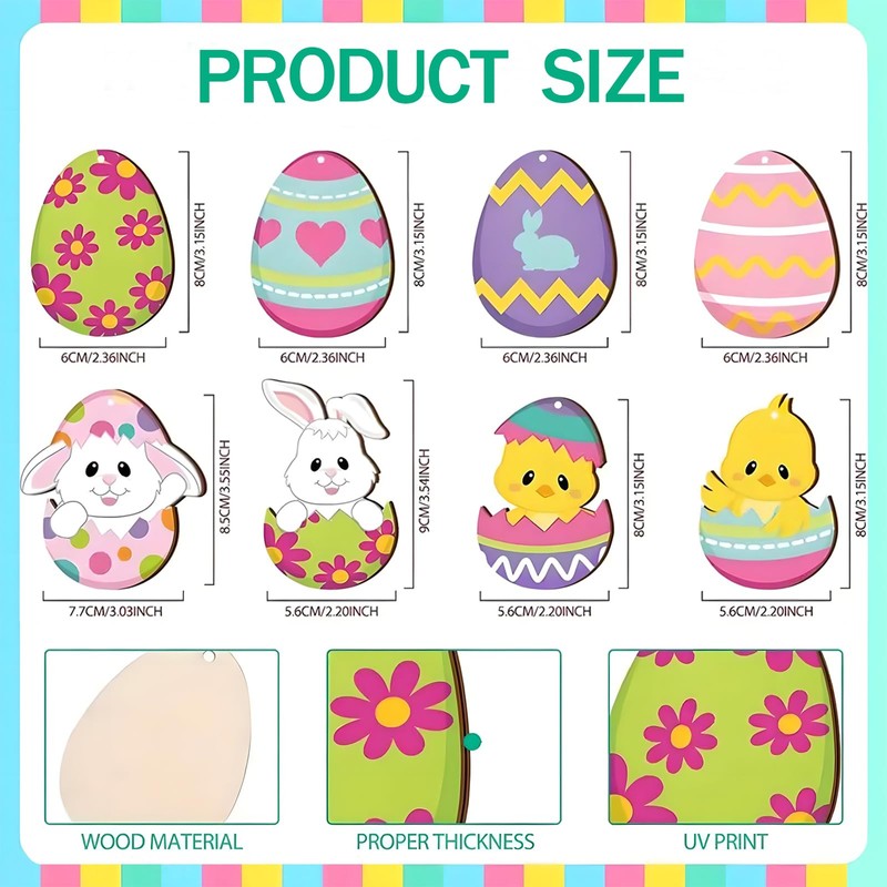 Pack of 24 wooden Easter pendants, 8 Easter decorations, wood,