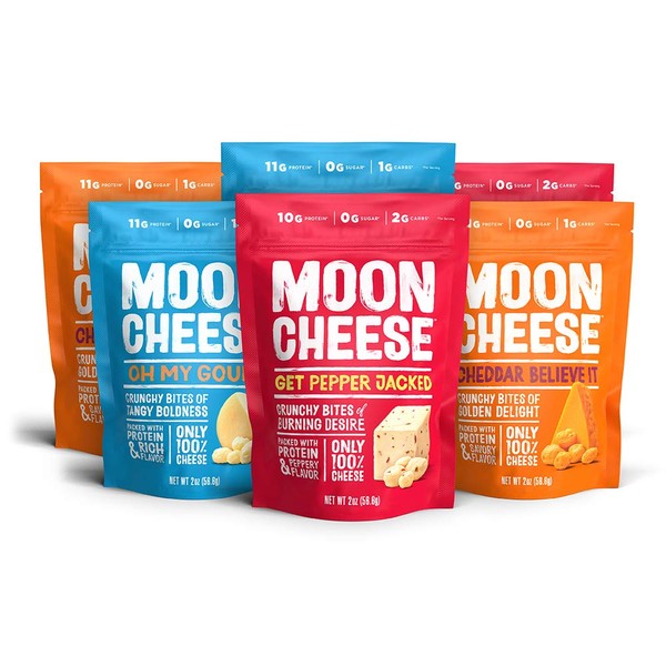 Moon Cheese 6 pack Variety Packs (2 Cheddar, 2 Gouda, 2 Pepper Jack, 2oz). A low carb, no-sugar snack alternative to protein bars and shakes.