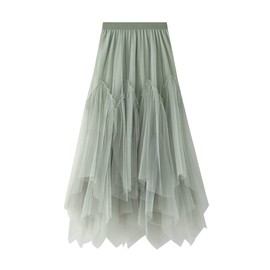 Women's Tulle Skirt Formal High Low Asymmetrical A-Line Fairy Elastic Waist Layered Long Midi Skirts Green