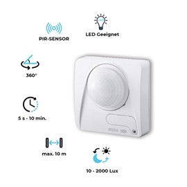 Motion Detector White, 360 Degrees, Indoor IP20, Surface-Mounted Wall and Ceiling Mounting, Suitable for LED