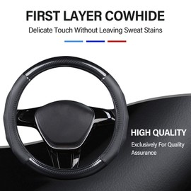 Ergocar Sport Carbon Fiber & First Layer Cowhide Car Steering Wheel Cover Non-Slip Car Steering Wheel Protector Universal for Diameter 38cm(15") (Black-red)