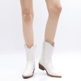 GLOBALWIN Women's White Cowboy Boots Mid Calf Western Comfortable Low Heel Cowgirl Fashion Boots For Women With Zipper Size 8M