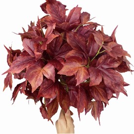 Pack of 3 - Artificial Fall Ivy Leaves Shrubs Silk Maple Creeper Plant Greenery Bushes for Autumn Decor, Indoor Outdoor Home Garden Thanksgiving Party (Marsala Red)