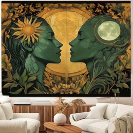 FENDROM Psychedelic Hippie Sun and Moon Tapestry for Bedroom Aesthetic, Fantasy Trippy Mystic Floral Lovers Face Vintage Decor Tapestries Wall Hanging Backdrop for Living Room Dorm