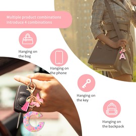 Gisqis Initial Letter Keychains for Women Girls Pink Keychain with Butterfly Purse Charms for Handbags Cute Tassel Keychain