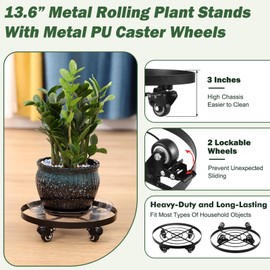 1 Packs Large Metal Plant Caddy 13.6” Plant Dolly with Wheels Heavy-duty Iron Rolling Plant Stand with Casters for Indoor Outdoor Flower Pot Mover Roller Coasters, Black