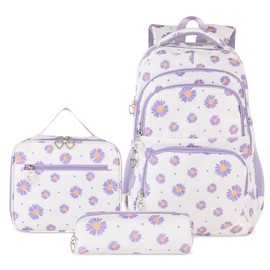 goldwheat Daisy Printed Backpacks With Lunch Pack Pencil Case 3pcs, Lightweight Water Resistant Bookbag For Middle School