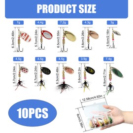 Lotnery 10Pcs Spinner Bait Set, Fishing Lures Set with 360° Rotating Blades, Long Cast Streamline Lures & Triple Hooks for Trout Bass Pike Salmon in Freshwater Saltwater Fishing