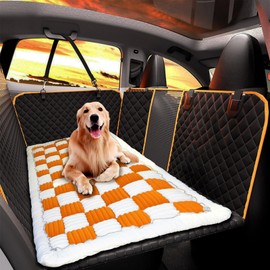 Plaid Dog Bed for Car,Backseat Pet Bed Mat, Easy to Clean Dog Car Bed Mat–Fit for Backseat Extenders and Seat Covers,Non-Slip Backseat Extender Pet Blanket, Scratch-Resistant,Comfortable (Orange)