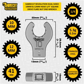 1 x SabreCut MRSC14 10mm/12mm Dual Sided Flare Nut Wrench Attachment for 1/4" Square Drive Tools - Compact Stainless Steel Tool with Laser Etched Markings for Easier Identifications