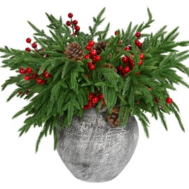 8 Pcs Artificial Norfolk Pine Stems, 17.7 Inches Realistic Touch Norfolk Branch with 24 Big Pinecones and 24 Red Berry Picks Christmas Faux Greenery Faux Sprigs for Xmas Indoor Outdoor Home Décor