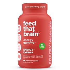 Feed That Brain Energy Gummy, Vitamin B12, Green Tea Extract, MCT (Strawberry Swirl) - 60pc Gluten-Free Vegan