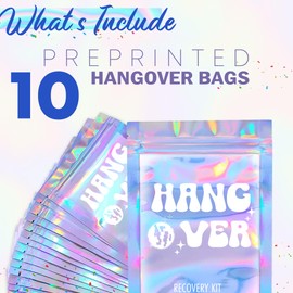 BeSAVAGE Hangover Kit Bags 10 Piece - (4x6 Inches) Printed Holographic Bags Bachelorette Party Gift Supplies Wedding Disco Favors, Ziplock (Hangover, 4"x6")