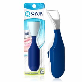 QWIK Automatic Dental Flosser | Click-to-Use, Reusable & Refillable | Pre-Loaded Floss with Travel Cover | Easy Flossing for Plaque Removal, Clean Teeth & Fresh Breath (Dark Blue)