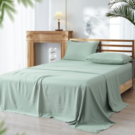 PHF Cooling Sheets Set Twin Size - Rayon Derived from Bamboo & Polyester, Breathable, Wrinkle-Free, Silky Soft with Wider 2.5cm Elastic Band & 16" Deep Pocket, Sage Green