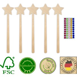 Herr Bo & Co 5 x Magic Wand with 50 Self-Sealing Glitter Stones as a Set Made of Untreated Wood, 3 mm Birch Plywood, FSC Certified, Made in Germany