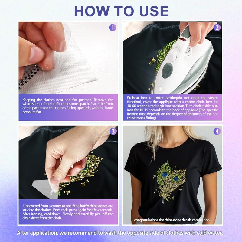 MAYJOYDIY Peacock Feathers Rhinestone Iron-On Transfer Sticker Stars Feather Bling