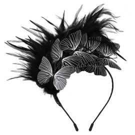 MWOOT Feather Butterfly Hair Accessories Headband, 1920s Fascinator Headpiece for Women, Black Feather 20s Headband with Butterfly for Carnival Cocktail Wedding Tea Party Accessories