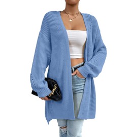 FEOYA Women Long Sleeve Knitted Cardigan Casual Loose Outerwear Women’s Open Front Cardigans Soft Oversized Knitwear Lightweight Draped Sweater for Ladies Blue XL
