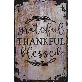 Wall Art Tin Sign Grateful Thankful Blessed Encouraging Cute Font Vines Faith Beige Home Decor Funny Gift 12 x 8 Inch