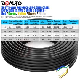 DOAUTO Enough 50 Foot Long Heavy Duty Enough 14AWG 5 Way Round Conductor Wiring RV Trailer Cord Harness Wire, 5 Individually Flexible PVC RV Tow Hitch Caravan Hook-Up Cable
