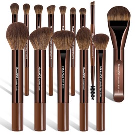 MAANGE Brochas de Maquillaje Profesional 14 Piezas Set de Brochas Maquillaje de Aluminio Pinceles de Maquillaje Sombra de Ojos en Polvo para Base de Maquillaje Perfecta para Regalar(Marrón oscuro)