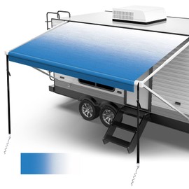 Fonzier RV Awning Fabric Replacement, 19.5oz Heavy Duty Vinyl, with Tie Down Kits & 7 Hooks & Pull Strap for Trailer Camper Awning- 17'(Fabric 16'2"), Blue Fade