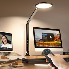 Desk Lamps for Home Office, 2000LM Eye-Caring Desk Light with Clamp, Dimmable Zoom Lighting with 3 Colors & 10 Brightness, Remote Computer Ring Light for Video Calls,Conference, Reading, CRI>95