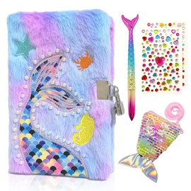 GROFIS Set of 4 Mermaid Plush Diary with Lock, 160 Pages Double-Sided Notebook A5 Lined, Secret Journal with Sequins, Purse, Pen, Stickers, Gifts for Girls Children