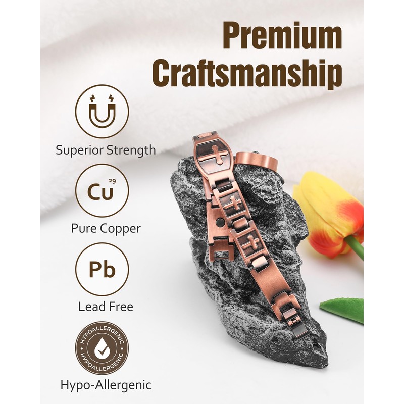 Jecanori Copper Magnetic Bracelet & Ring for Men,Pure Copper Cross