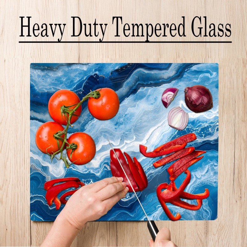 Light Dark Blue With White Marble Kitchen Glass Cutting Board