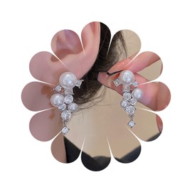 Inateannal Vintage Pearl Crystal Drop Earrings Long Pearl Rhinestone Earrings Cluster CZ Pearl Chandelier Earrings Silver Crystal Wedding Stud Earrings Jewellery for Women and Girls, Crystal