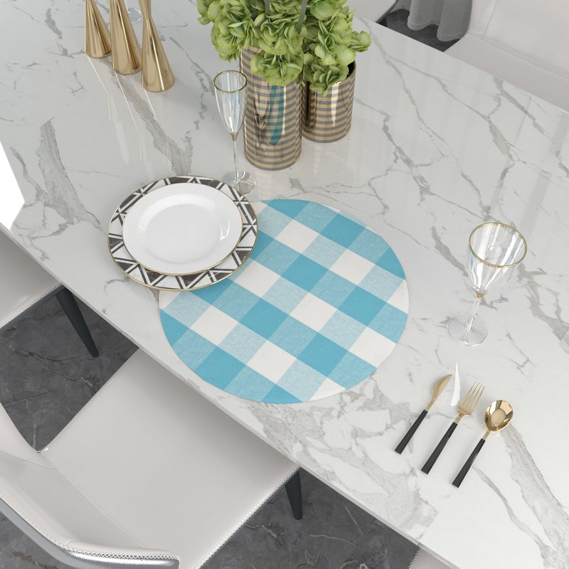 Sky Blue & White Cotton Buffalo Check Round Placemat, Set