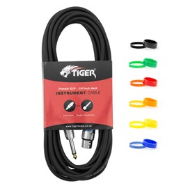 TIGER MIC6-06 Microphone Cable - 6 Metre / 20 Foot Female XLR to 6.35mm / 1/4 Inch Jack - Low-Noise Unbalanced Instrument Cable with Interchangeable Coloured Loops