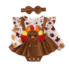 Baby Girl Thanksgiving Day Outfit Ruffled Long Sleeve Romper Dress + Headband Toddler Clothes for Fall (Brown #2, 6-9 Months)