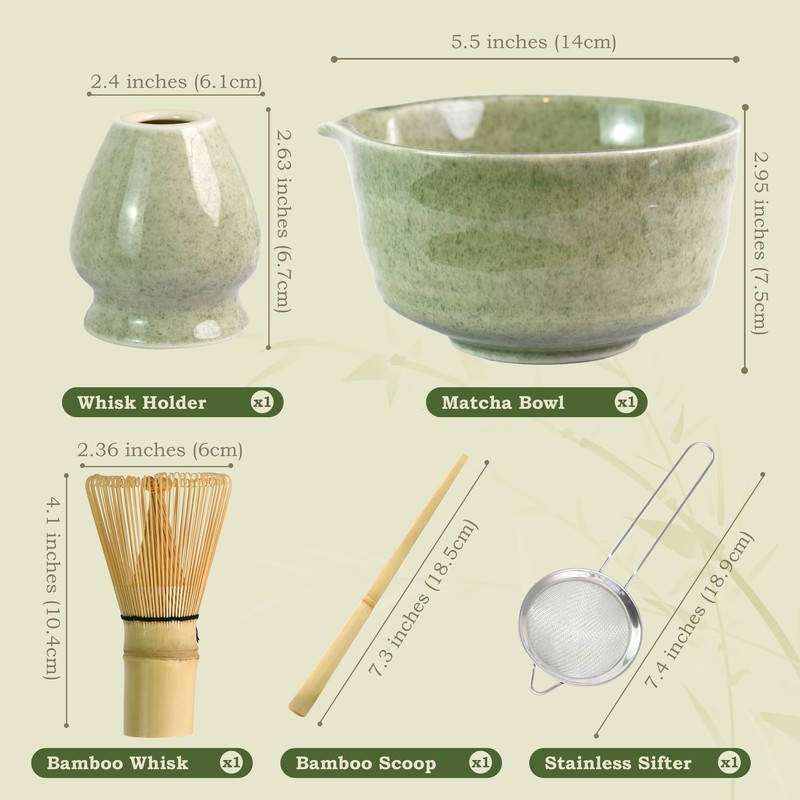 Myrthra 5PCS Matcha Whisk Set, Matcha Bowl with Spout, Bamboo